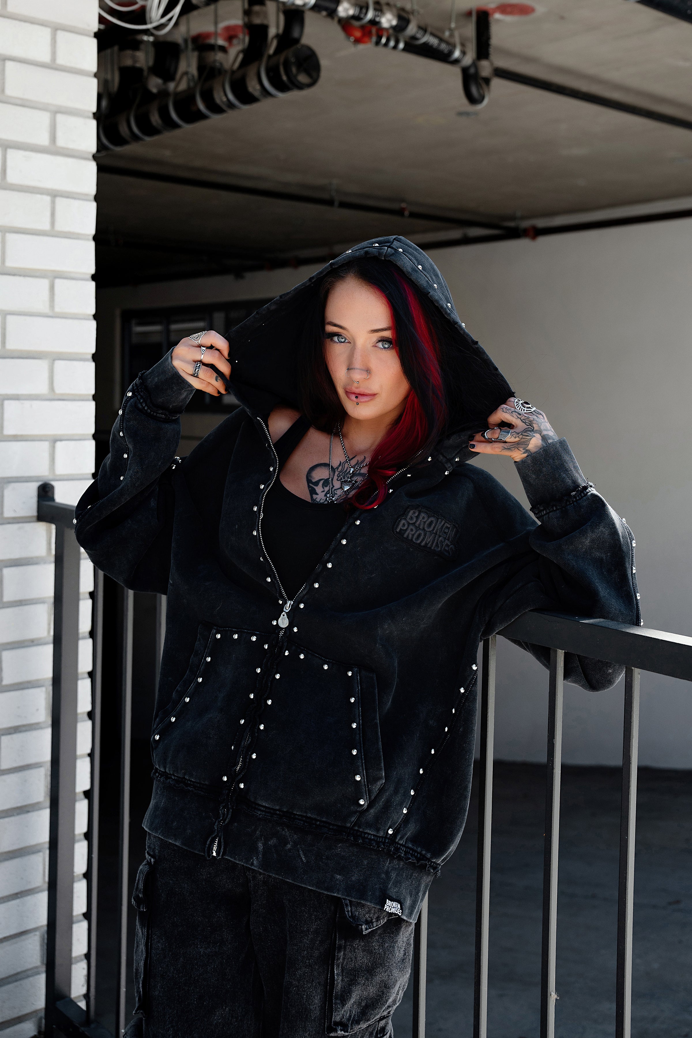 Adorned Washed Black Zip Hoodie | Broken Promises – Broken Promises Co