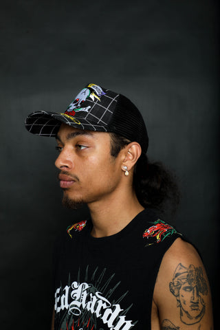 BP x Ed Hardy Wasted Love Plaid Trucker Hat Black