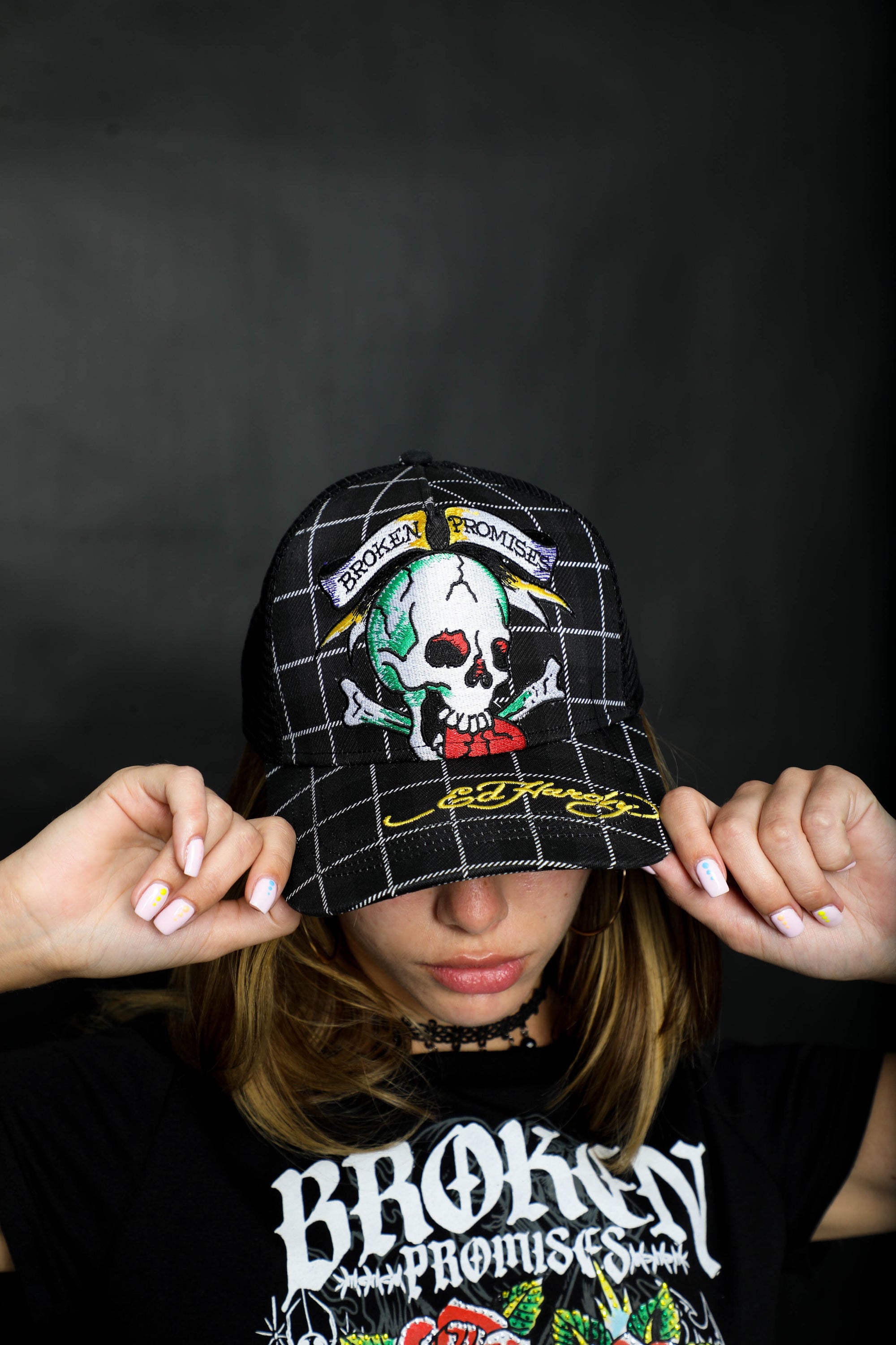 BP x Ed Hardy Wasted Love Plaid Trucker Hat Black