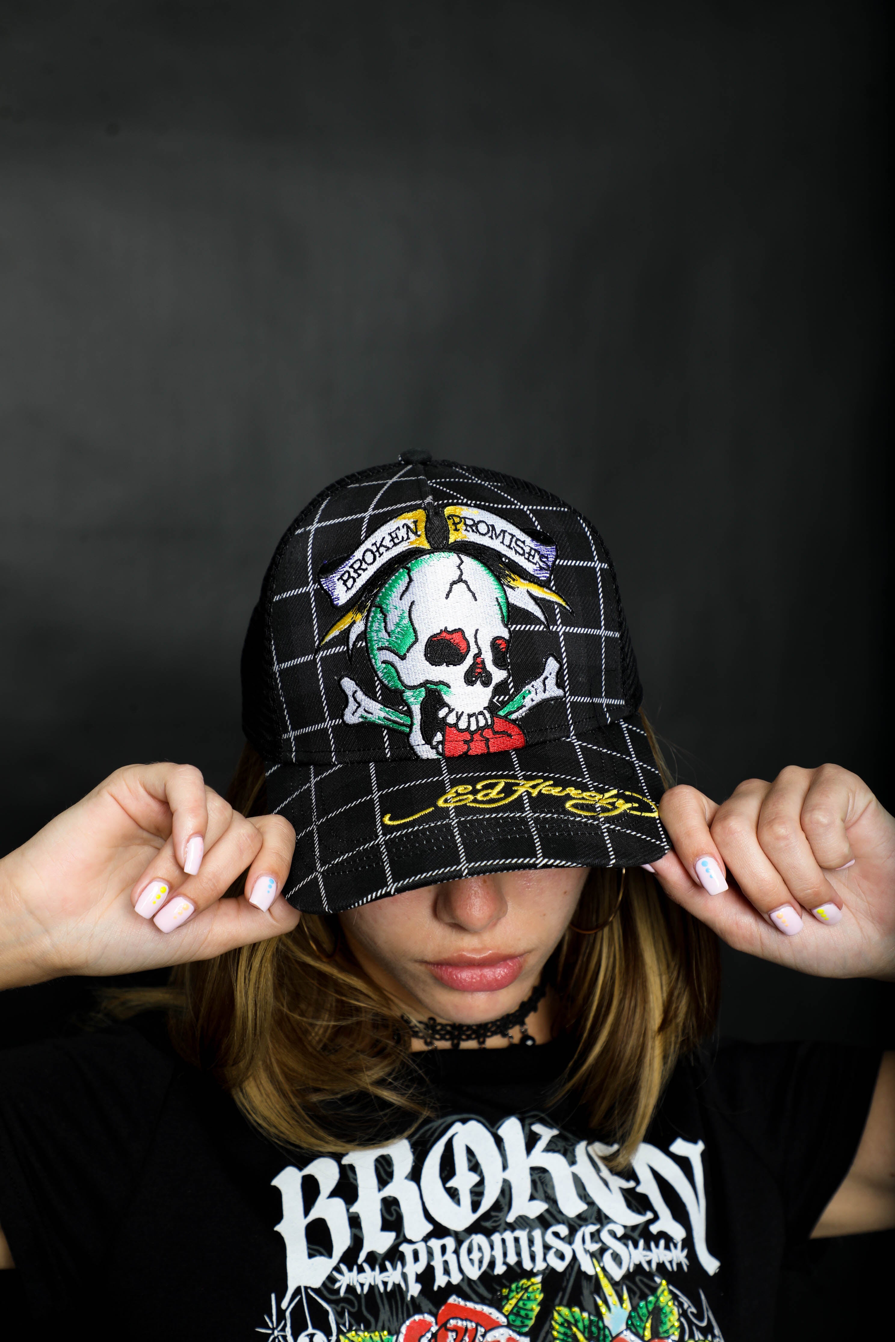 BP x Ed Hardy Wasted Love Plaid Trucker Hat Black