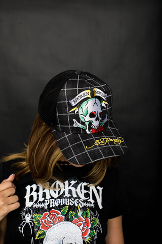 BP x Ed Hardy Wasted Love Plaid Trucker Hat Black