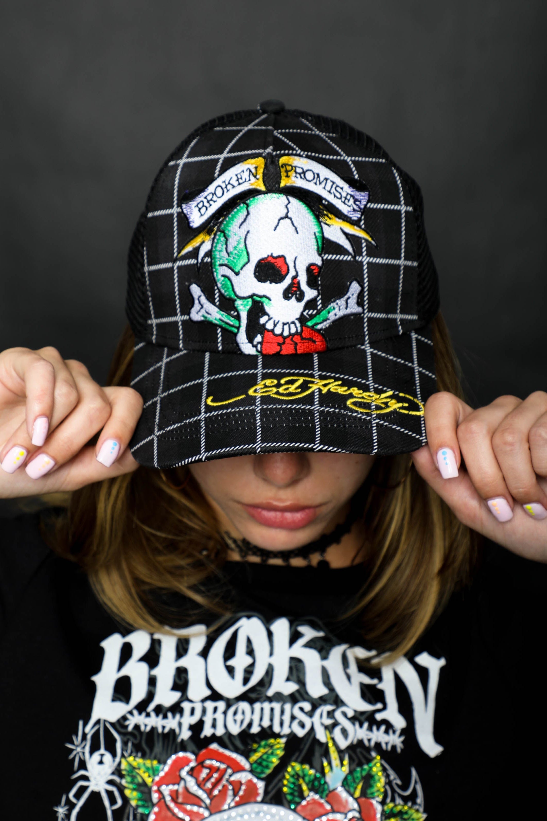 BP x Ed Hardy Wasted Love Plaid Trucker Hat Black
