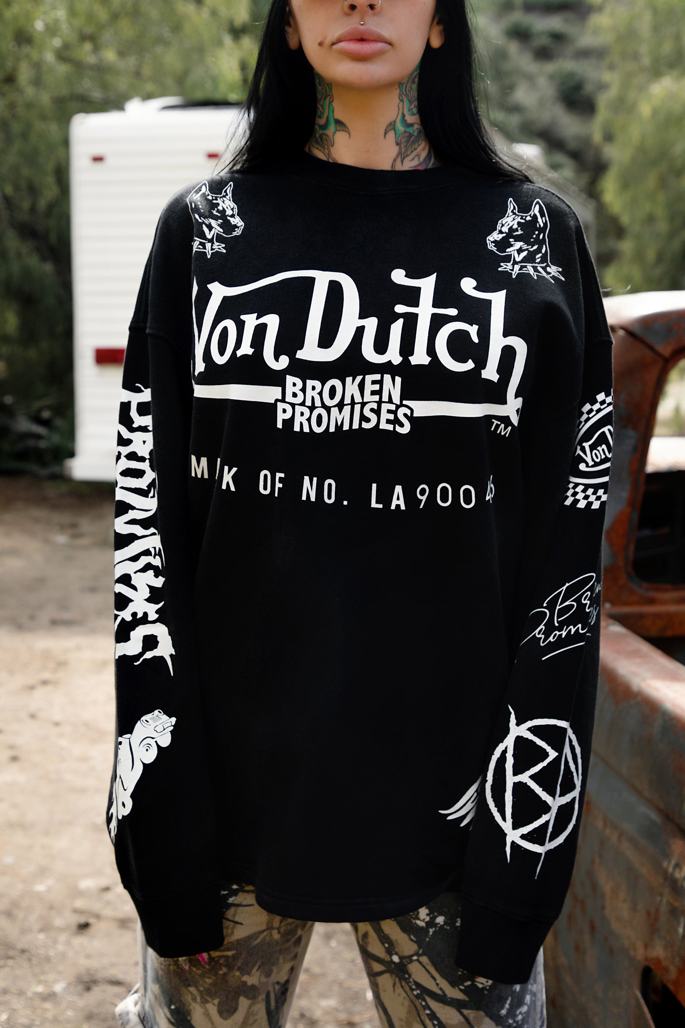 von dutch long sleeve dress Cotton Blend Crew Neck, Von Dutch Skull Mini Dress in Black/Blue, Size S, For Concert Or Streetwear