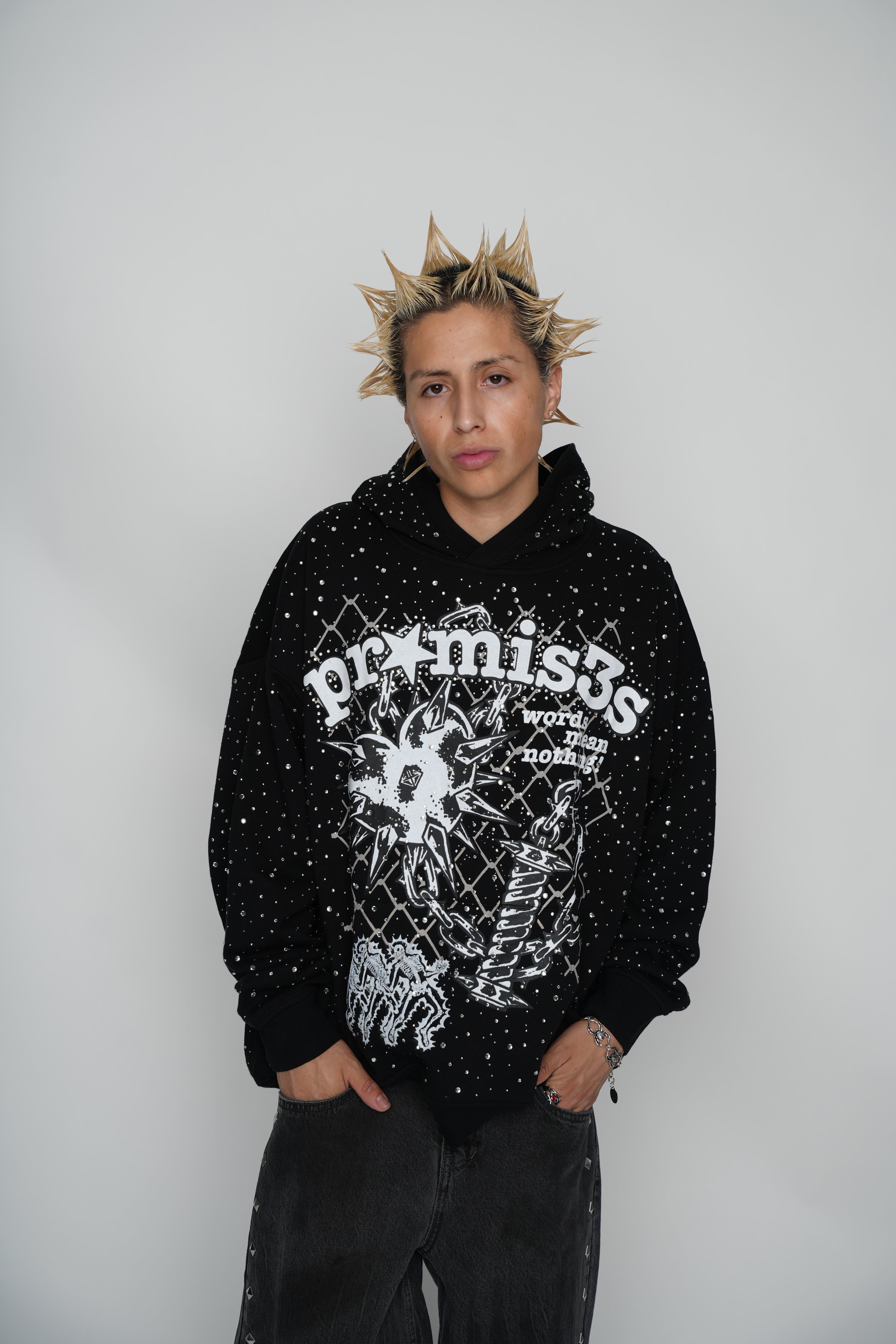 Pain and Pleasure Rhinestoned Hoodie Black