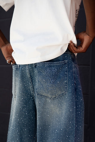 Enamored Rhinestone Denim Pant Dark Blue Wash