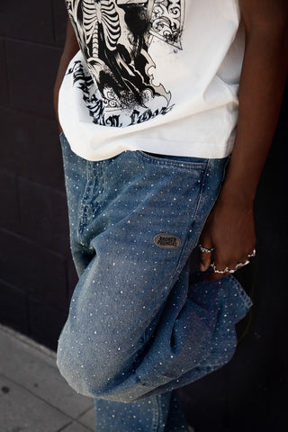 Enamored Rhinestone Denim Pant Dark Blue Wash