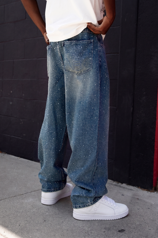 Enamored Rhinestone Denim Pant Dark Blue Wash