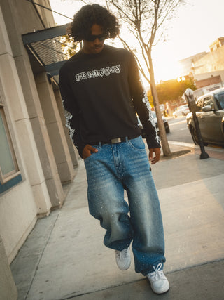 Enamored Rhinestone Denim Pant Dark Blue Wash