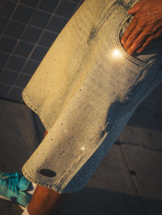 Enamored Rhinestone Denim Short Light Blue Wash