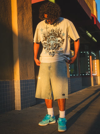 Enamored Rhinestone Denim Short Light Blue Wash