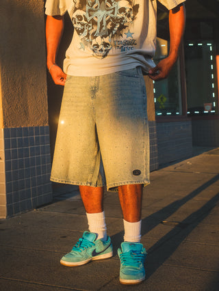 Enamored Rhinestone Denim Short Light Blue Wash