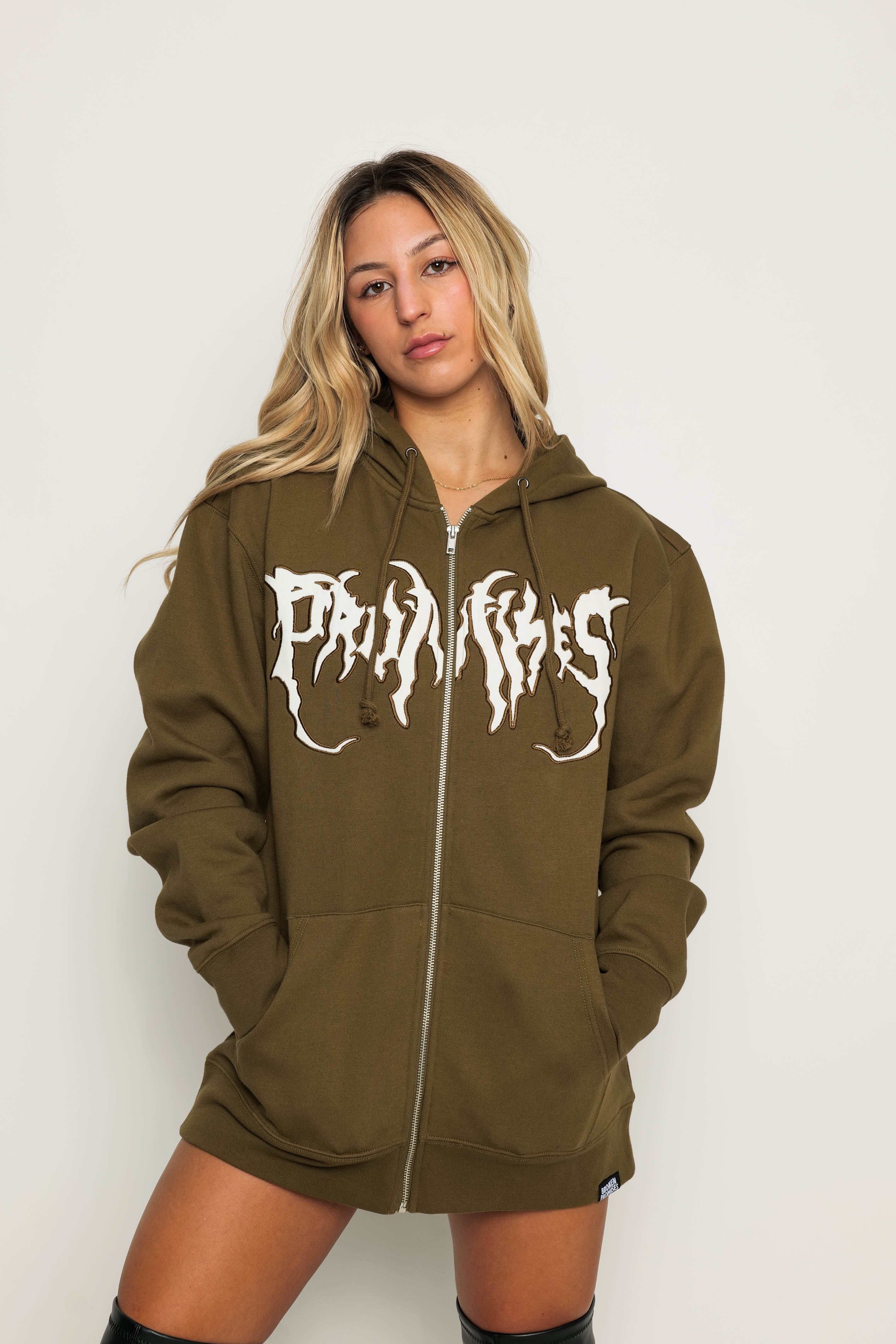 Graveyard Applique Zip Hoodie Green – Broken Promises Co