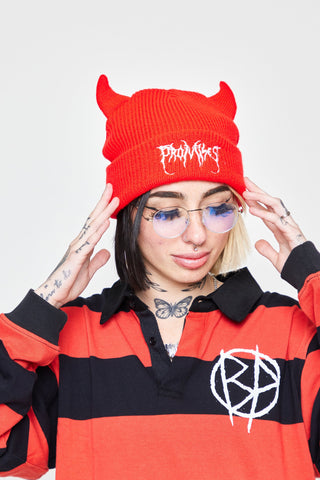 Graveyard Devil Horn Beanie - Bright Red