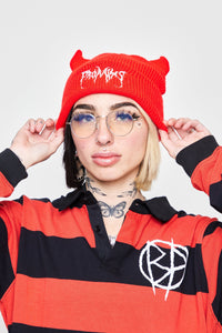 Graveyard Devil Horn Beanie - Bright Red