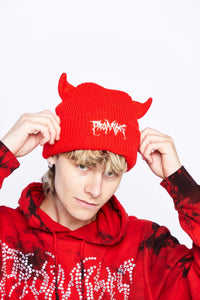 Graveyard Devil Horn Beanie - Bright Red