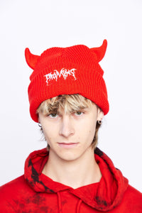 Graveyard Devil Horn Beanie - Bright Red