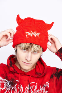 Graveyard Devil Horn Beanie - Bright Red