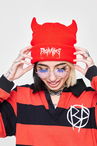 Graveyard Devil Horn Beanie - Bright Red