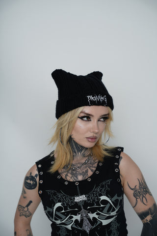 Hellkat Black Crochet Beanie