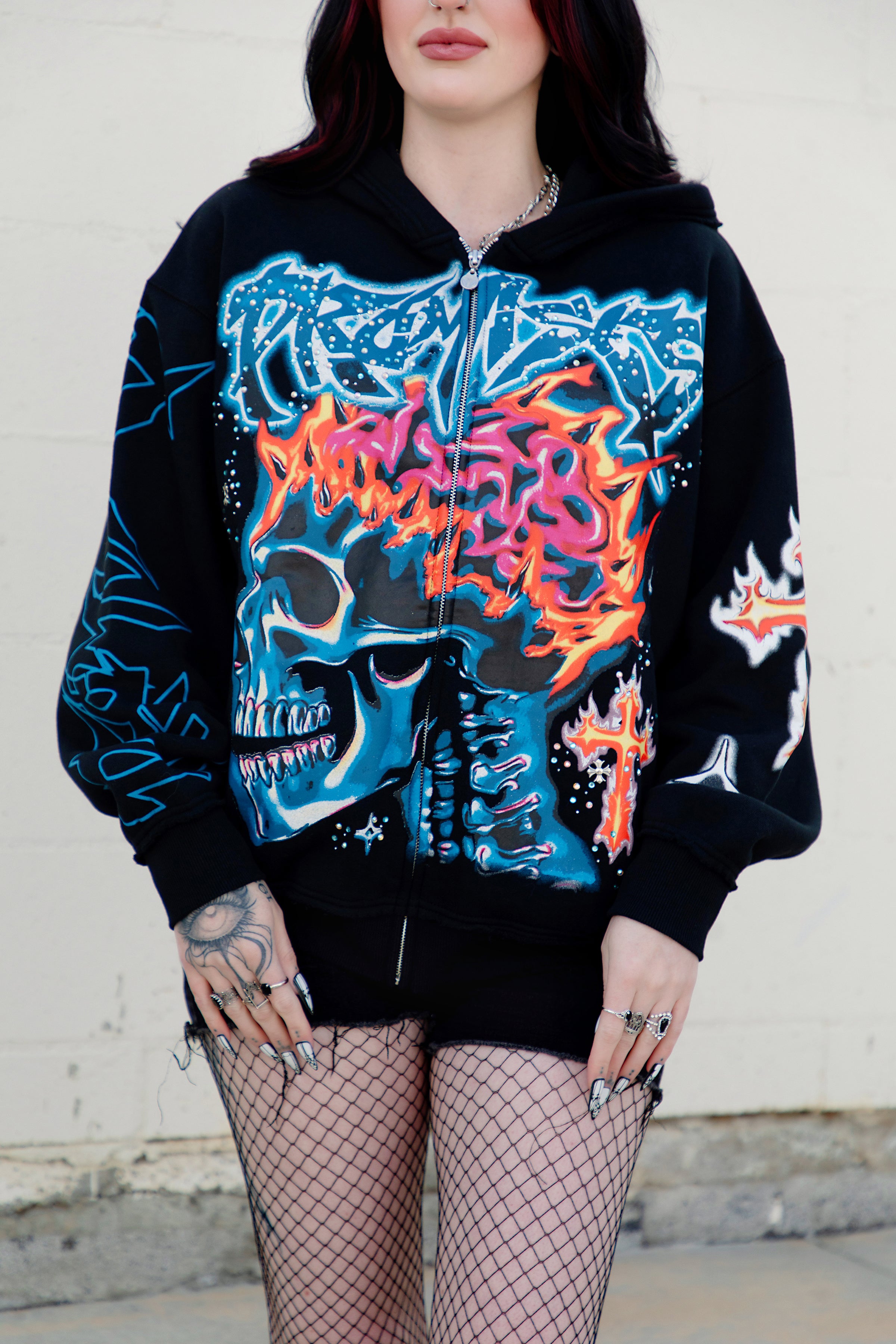 Numbskull Rhinestone Zip Hoodie Black