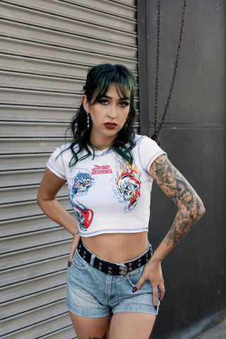 Skelephobia Rhinestoned Crop Tee