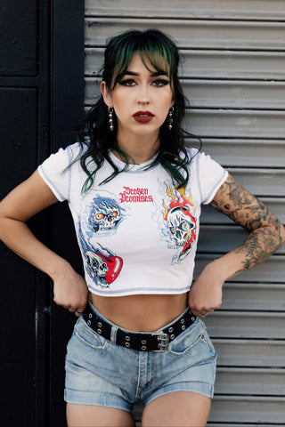 Skelephobia Rhinestoned Crop Tee