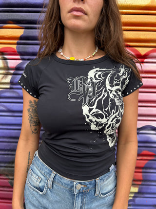 Storm of Chaos Rhinestoned Raglan Baby Tee