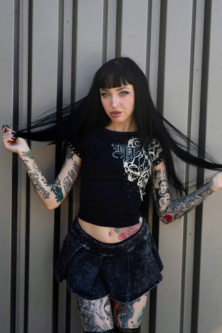 Storm of Chaos Rhinestoned Raglan Baby Tee