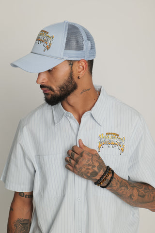 Twin Flame Pinstripe Button Up Work Shirt