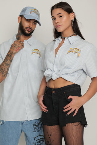 Twin Flame Pinstripe Button Up Work Shirt