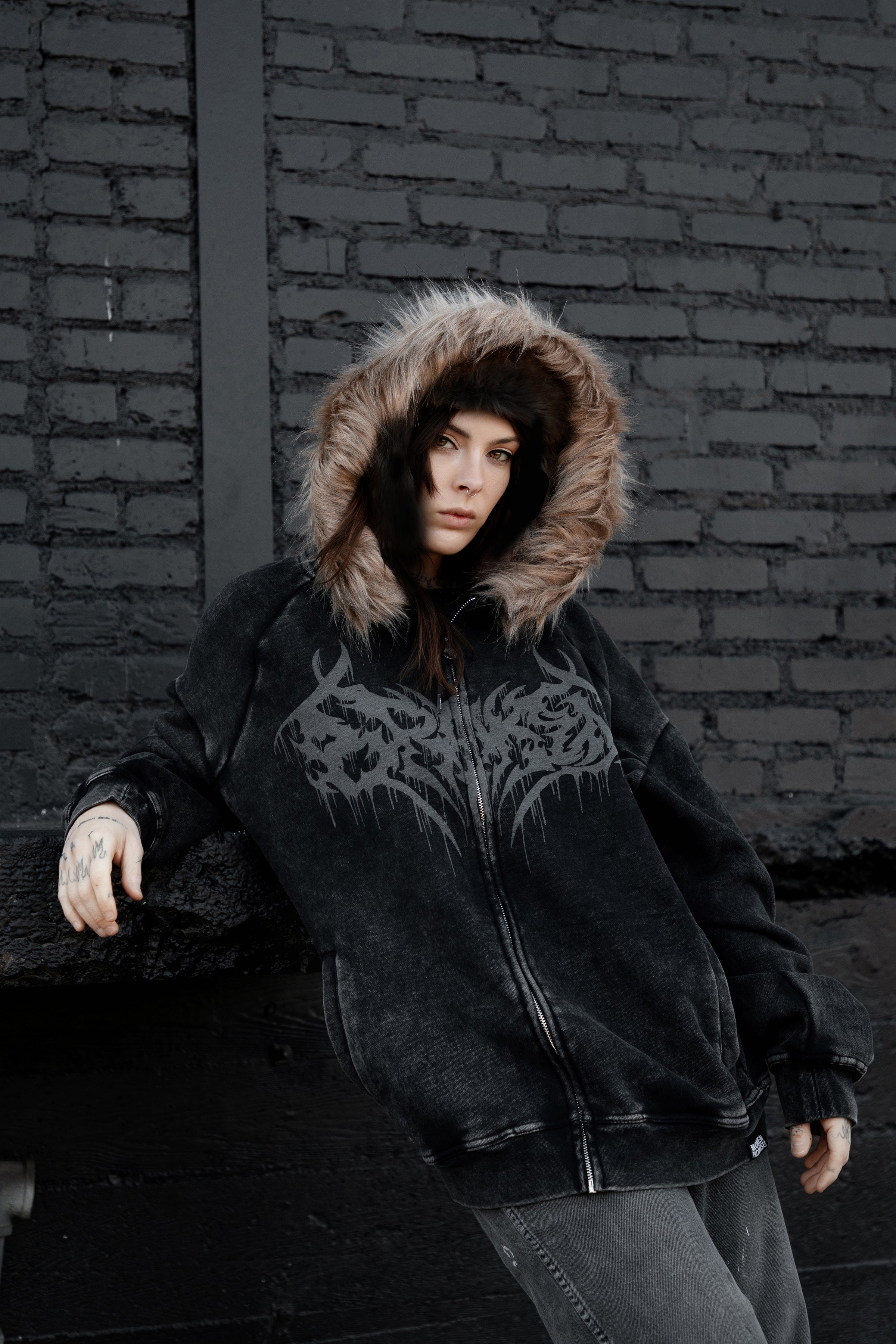 Unruly Fur Trim Washed Hoodie